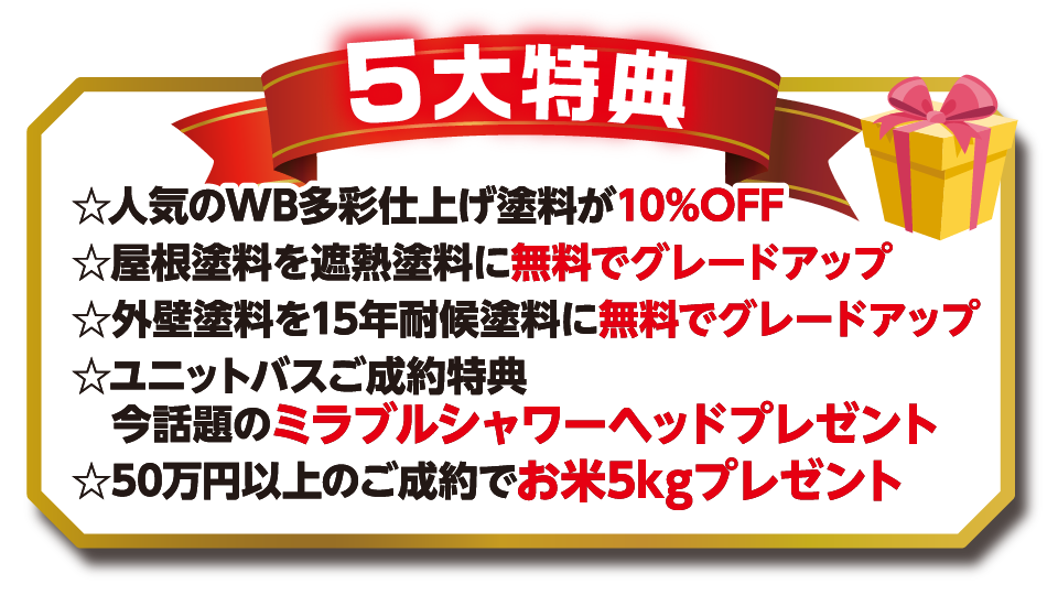 5大特典
☆人気のWB多彩仕上げ塗料が10%OFF
☆屋根塗料を遮熱塗料に無料でグレードアップ
☆外壁塗料を15年耐候塗料に無料でグレードアップ
☆ユニットバスご成約特典
　今話題のミラブルシャワーヘッドプレゼント
☆50万円以上のご成約でお米5kgプレゼント